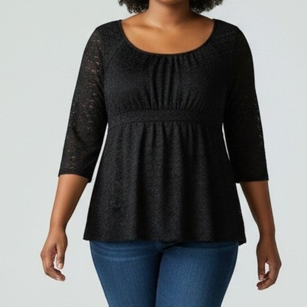 Avenue Womens Top Black Stretch Lace 3/4 Sleeves Empire Waist Romantic Y2k 22 24